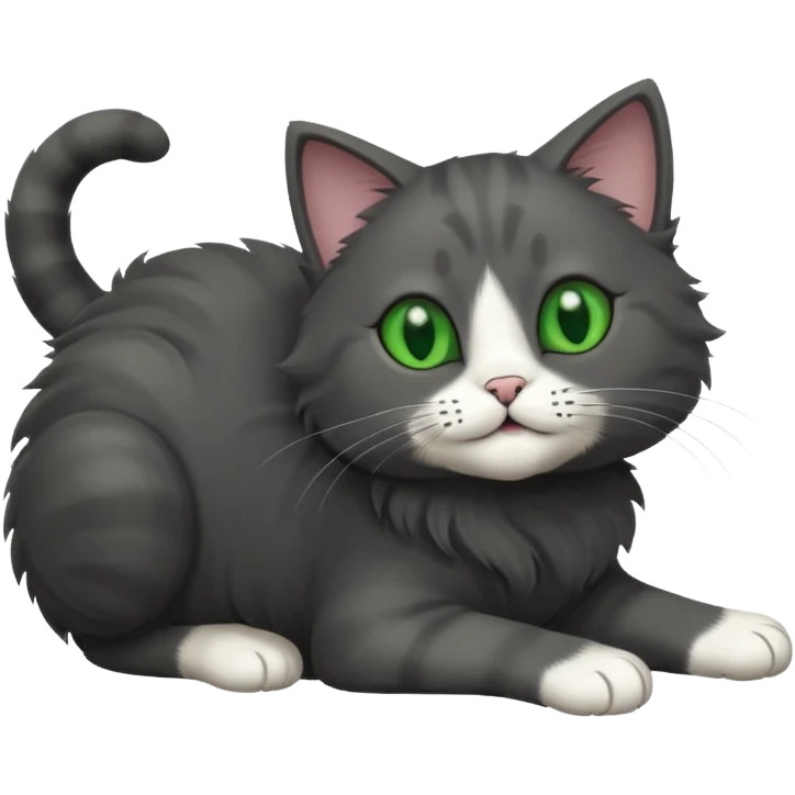 solid dark grey cat with green eyes, white toes/paws playfully rolling upside down emoji