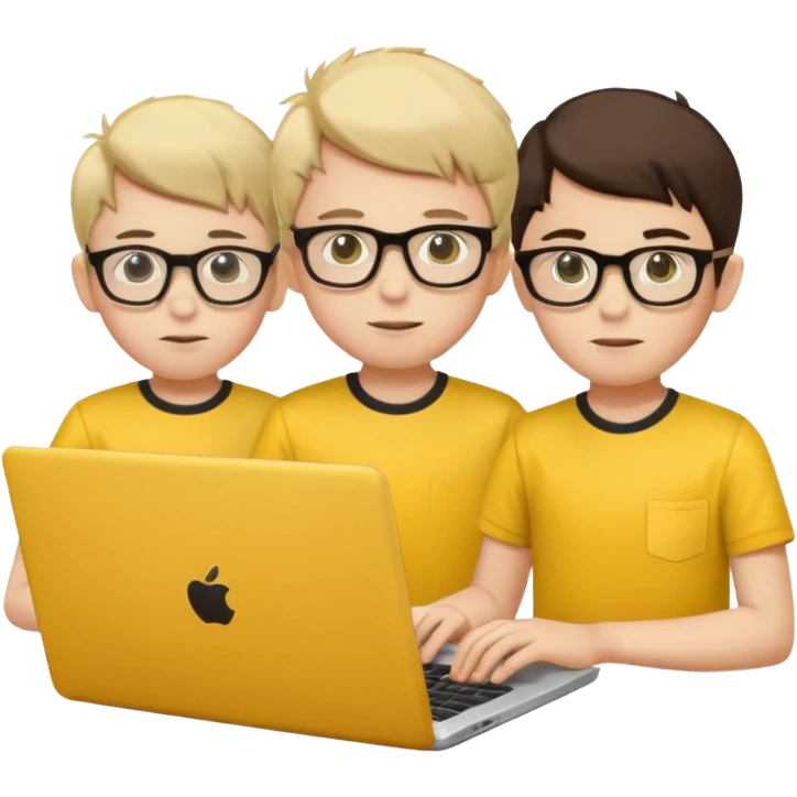 technologist using laptop coding with 2 other technologist color yellow three of it is boy  that using 3 laptop emoji