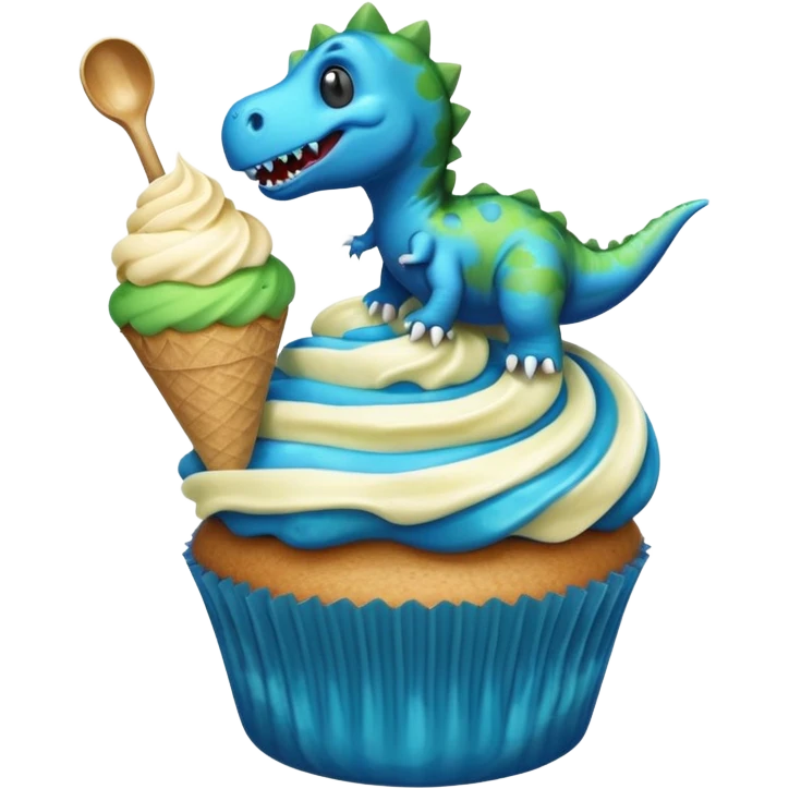 A cupcake having blue and black icing and a dinosaur as a decoration and ice cream next to it emoji