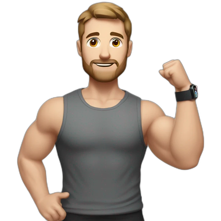 Full height Actively gesturing  with hands Pale skinned Fit Man With the biceps and brown hair in dark gray Sleeveless Mike, black oversize sports shorts, watch and white Sneakers emoji