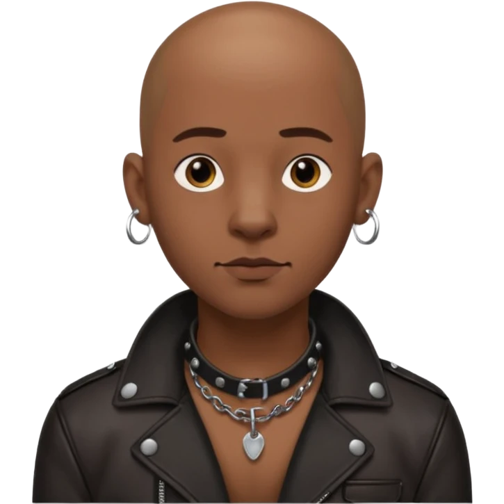 Create a dark handsome guy. He is bald and wearing leather. He is wearing a leather dog collar. He has a septum piercing and ear piercings. emoji