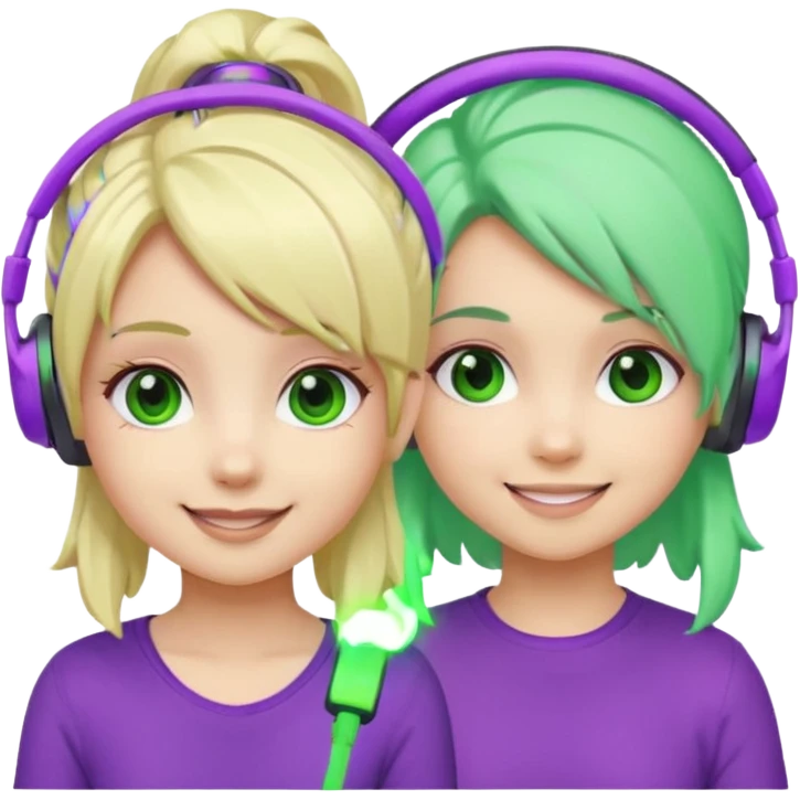 Make a blonde girl with green glowing headset on and a purple haired girl haveing fun , make them a chibi emoji page emoji