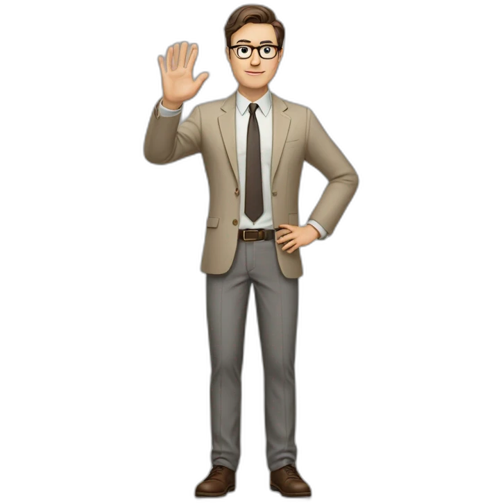 Full height Actively gesturing with hands Pale skinned fit man with dark brown hair in gray jacket, beige office shirt, brown tie, brown pants and vintage glasses. emoji