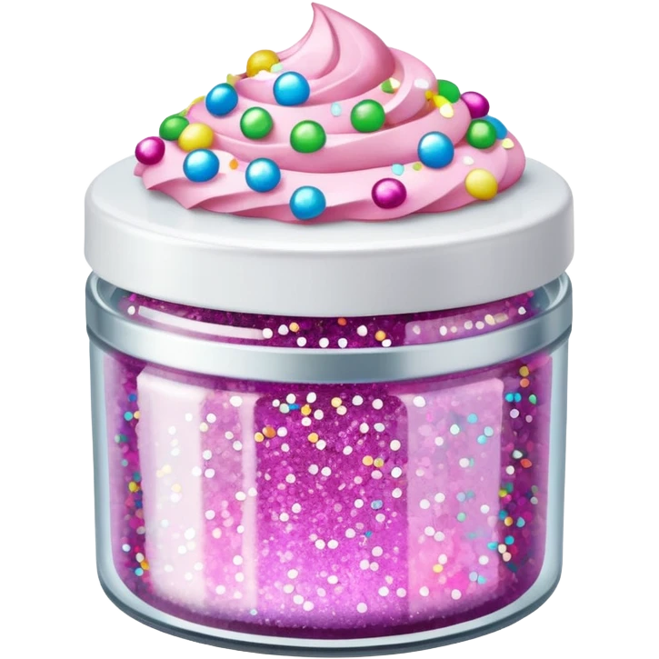 silver glitter in a small clear circular container with white lid, can of sprinkles, and pink cupcakes (all isolated)  emoji
