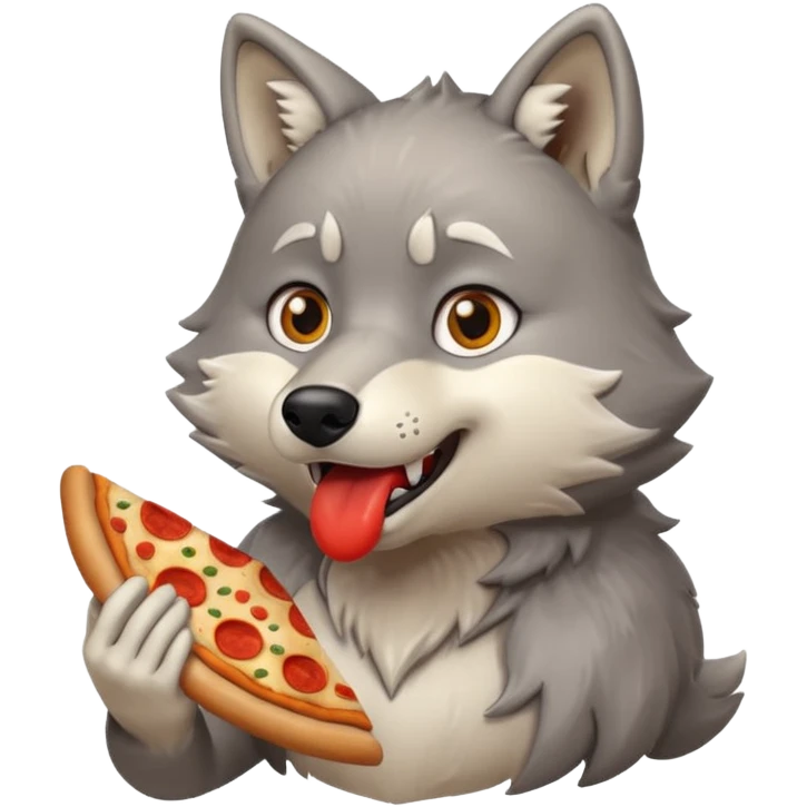 a surprised grey wolf eating a piece of pizza in a sitting pose emoji emoji