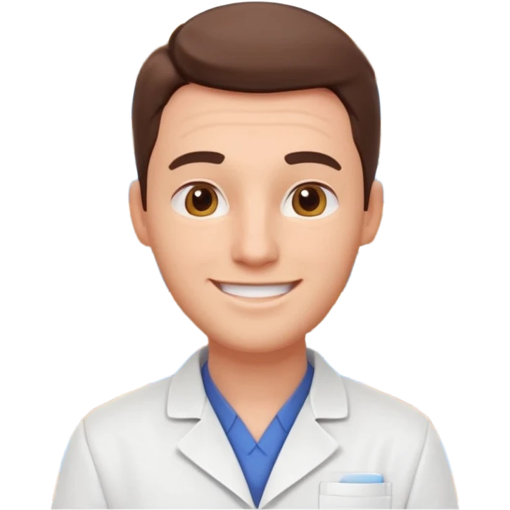 male pharmacist portrait, head and shoulders only, wearing a pharmacy apron, friendly expression, medicine shelves visible in background, retail pharmacy vibe, 3D cartoon, mobile game icon style, no text, no watermark
 emoji