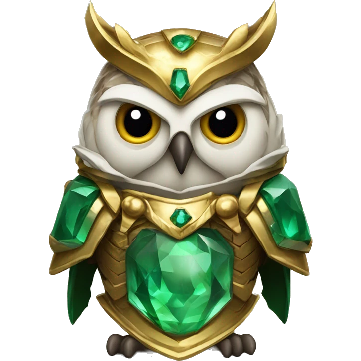 owl warrior wearing golden armor embedded with emerald jewels emoji