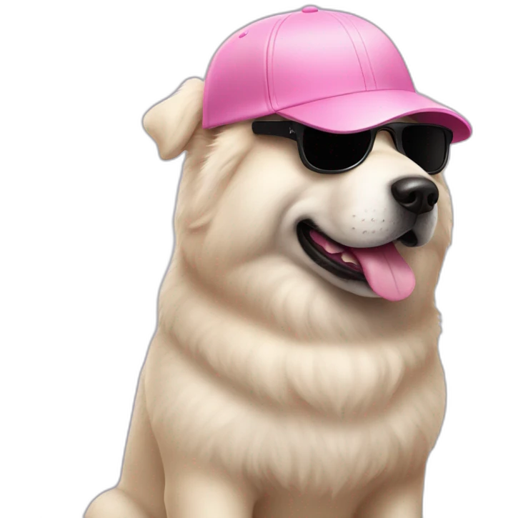 White dog chow chow in Fluffy pink baseball cap and black sunglasses  emoji