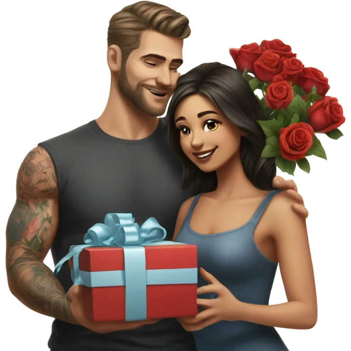 Hyper Realistic beautiful woman receiving a gift and a bouquet of roses from a handsome tattooed man  emoji