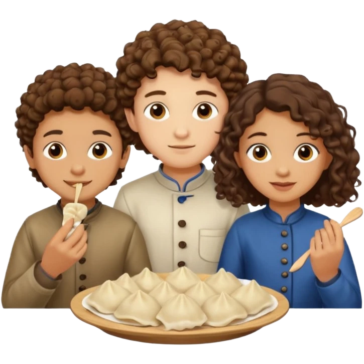 Can you create an emoji of three 23 year olds eating dumplings. One boy with brown curly hair one Jewish girl and one half Indian / half white girl.  emoji
