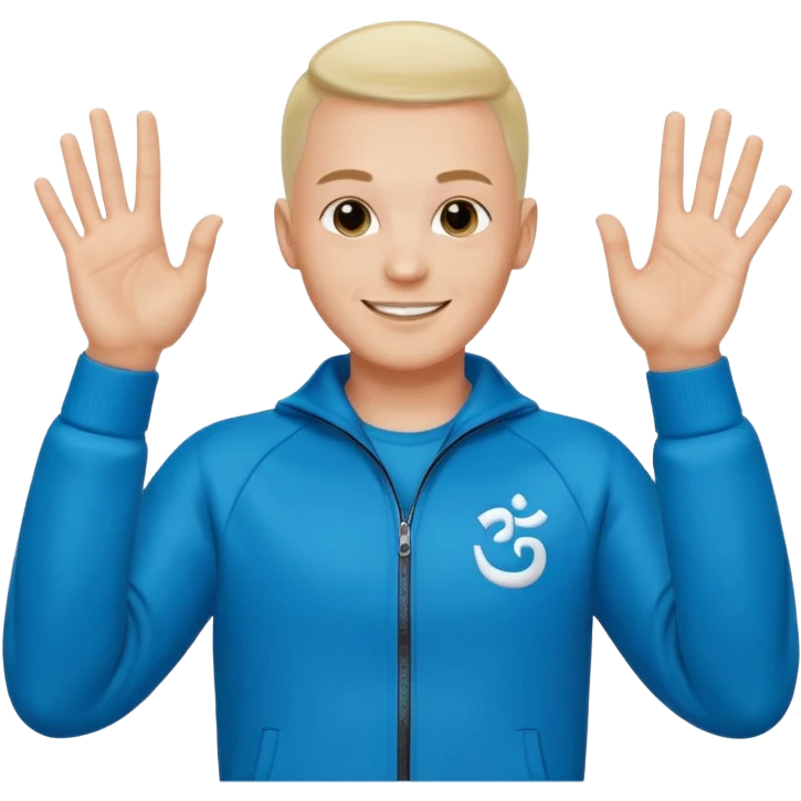 rapeur jul en emoji ios, blanc, rasé sur les cotés, cheveux au centre dressés au gel, signe J avec les mains, survet de l'om emoji