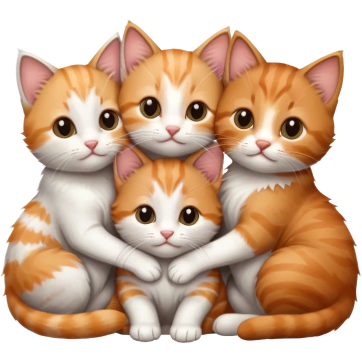 3 tiny kittens cuddling together all different colours, the first one is grey and white, the second is ginger and white and the third is brown tabby and white emoji