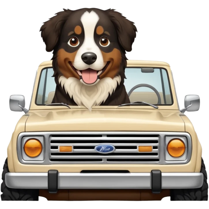 Bernese mountain dog in a cream colored ford bronco with no roof emoji