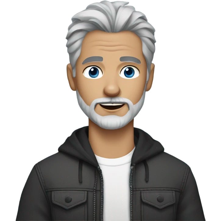 Handsome man, with blue eyes, grey hair, and grey goatee beard, and holding a long haired black chihuahua emoji
