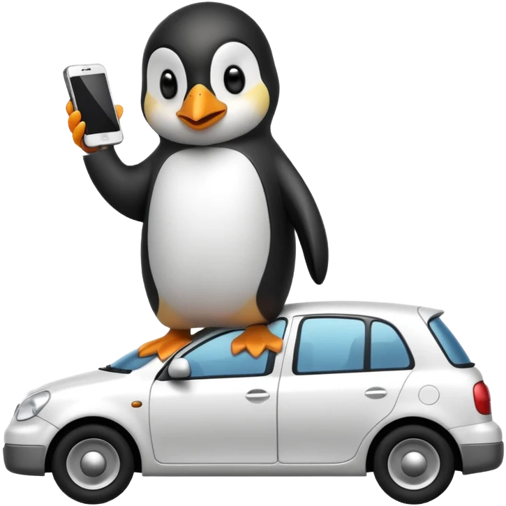 Penguin with a phone on the car emoji