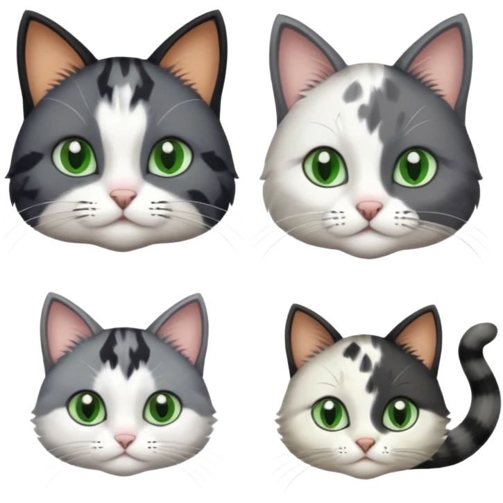 3 different coloured small cats including a dark grey and white, and a patchy calico and a completely solid dark grey with green eyes and only white paws emoji