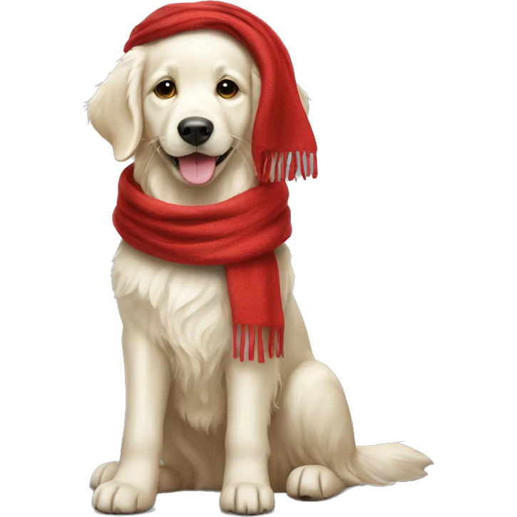 White golden retriever wearing a red scarf emoji