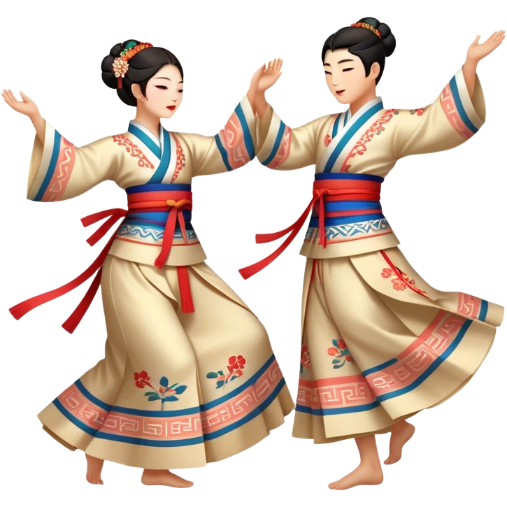 Cinematic Realistic scene of two performers engaging in Ganggangsullae, dressed in traditional Korean costumes with intricate patterns and graceful movements, illuminated by soft, festive lighting that accentuates the cultural ambiance emoji