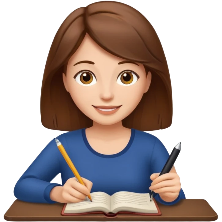 happy woman with brown hair writing a book emoji