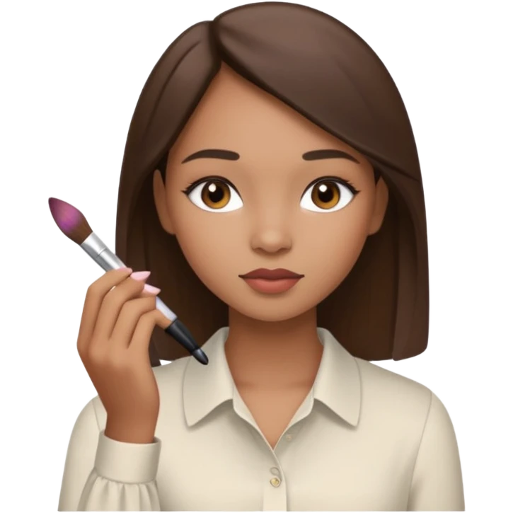 Draw a mixed-race girl applying makeup, wearing a clean girl blouse and with straight brown hair  emoji