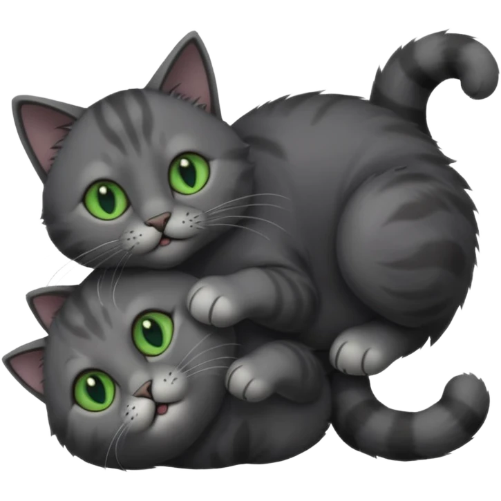 solid dark grey cat with green eyes, completely solid grey face, white toes/paws playfully rolling upside down emoji