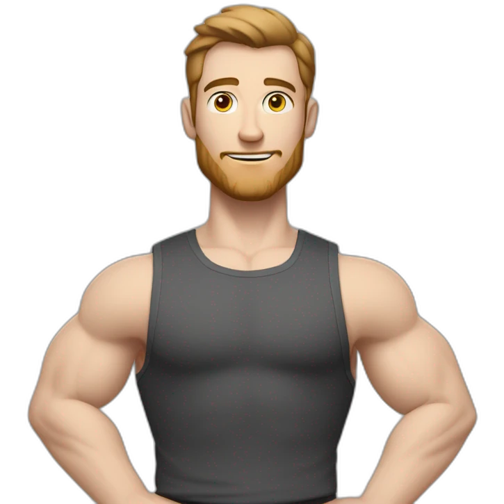 Close up Actively gesturing  with hands Pale skinned Fit Man With the biceps and brown hair in dark gray Sleeveless Mike, black oversize sports shorts, watch and white Sneakers emoji