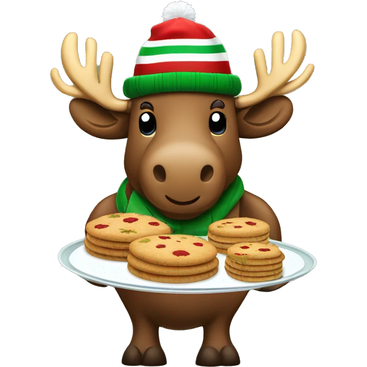 Moose wearing green and red striped winter hat and holding a tray of cookies emoji