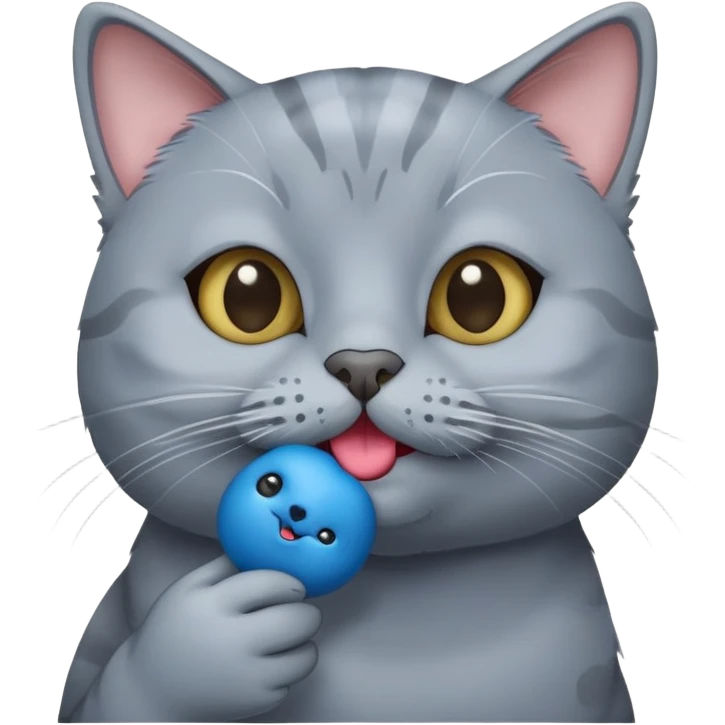 Old grey cat holding in mouth tiny blue seal  emoji