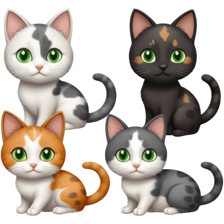 3 different coloured small cats including a dark grey and white, and a patchy calico and a completely solid dark grey with green eyes and only white paws emoji