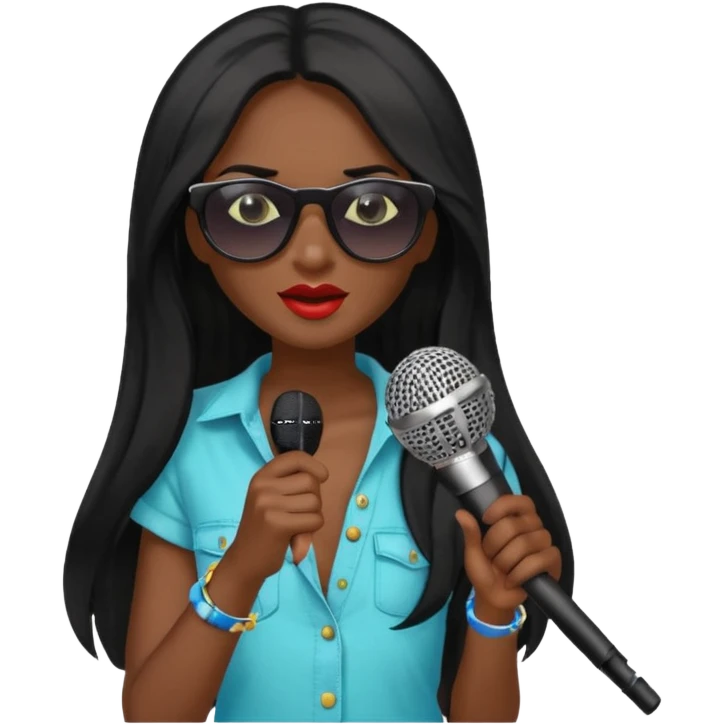 dark long haired woman with summer clothes and sun glasses holding microphone emoji