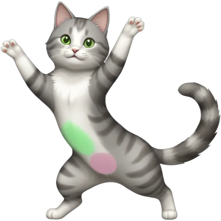 grey and white cat with green eyes doing a big extremely long stretch reaching up into the air with arms and legs side by side together straight and overextended emoji