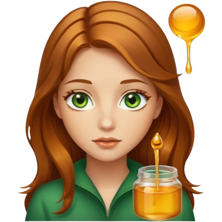 Beautiful girl, with brown honey hair and green eyes made of real honey hair strands dripping honey emoji