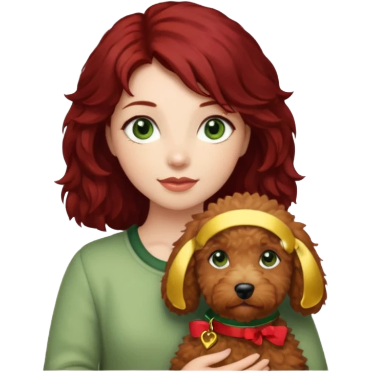 Girl with dark red hair green eyes holding a beige goldendoodle emoji