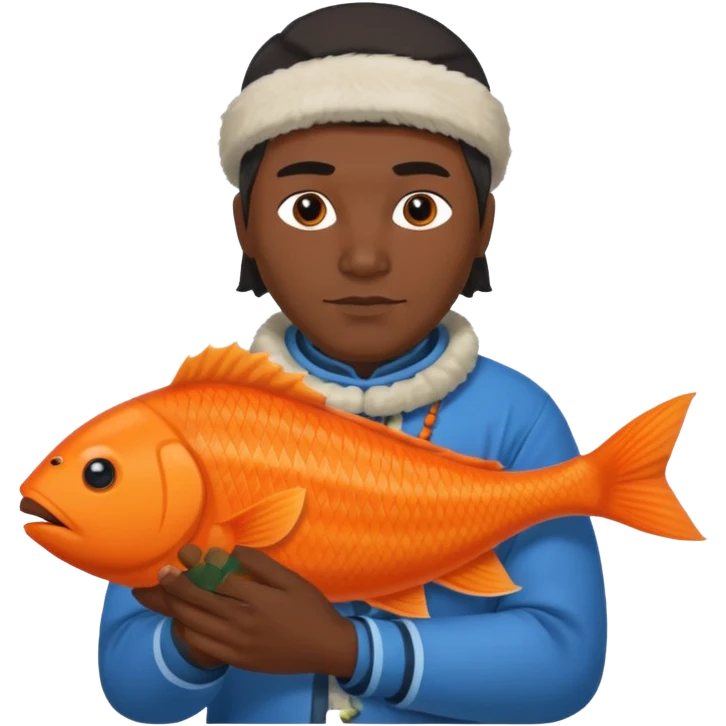 inuit man with traditional clothes and orange fish emoji