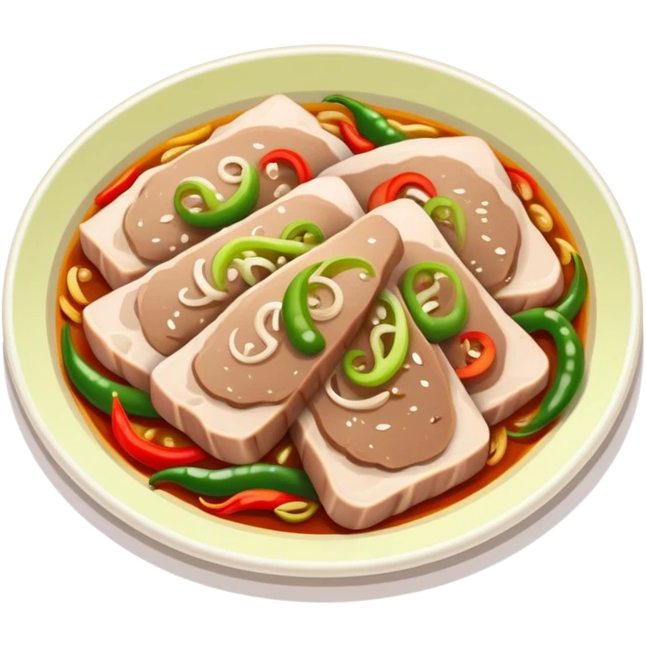 Twice Cooked Pork slices with leek and peppers, simplified emoji style with bold outlines and bright colors, cartoon style Hui Guo Rou Sichuan specialty emoji