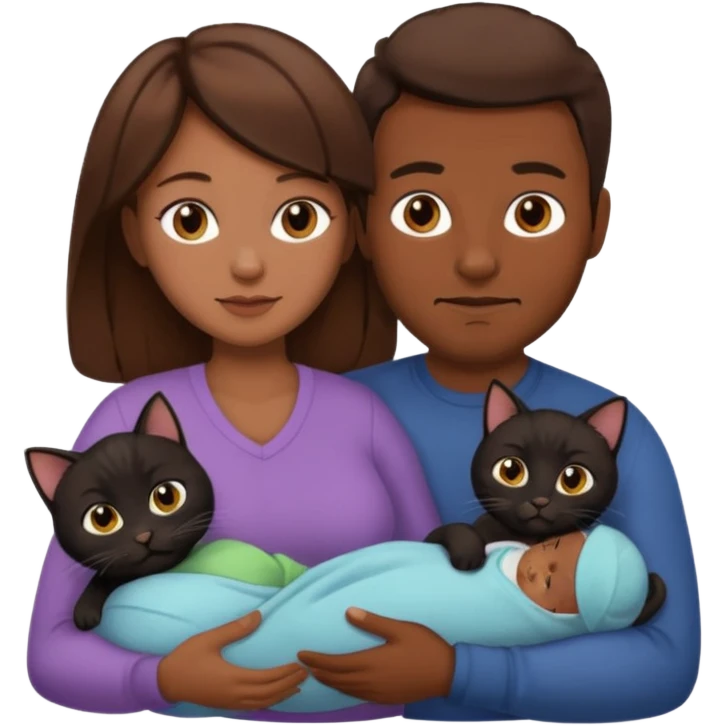 1 mom brown hair, 1 dad no beard, 1 baby and 1 black cat emoji