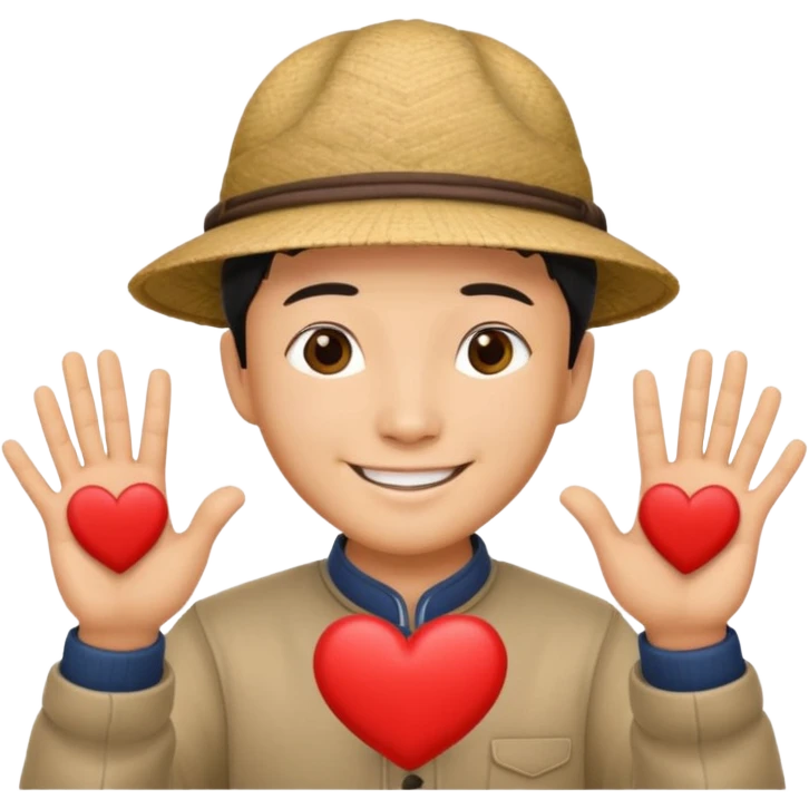chinese man in asian hat doing heart hands emoji
