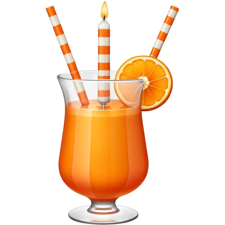 An orange fruit with a horizontal red stripe around the middle. 4 vertical cocktail sticks in the orange with small pieces of candy on the sticks. On top of the orange a small white lit candle. emoji