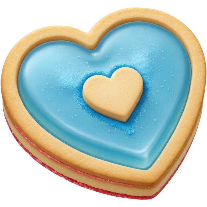 Realistic shortbread cookie in the shape of a heart with light blue jelly middle filling and sprinkled powder sugar on top. emoji