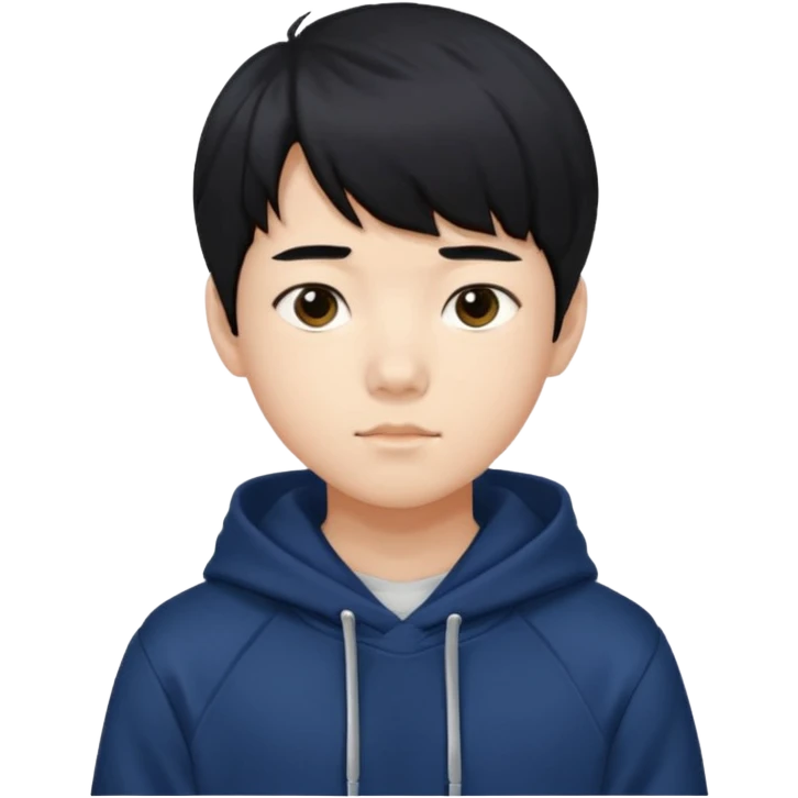 흑발에 앞머리를 덮은 잘생긴 14세 한국소년/ 옷 색깔은 남색 후드티 emoji