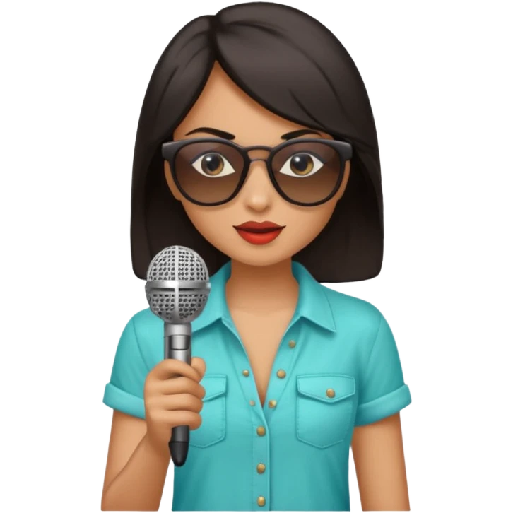 dark long haired woman with summer clothes and sun glasses holding microphone emoji