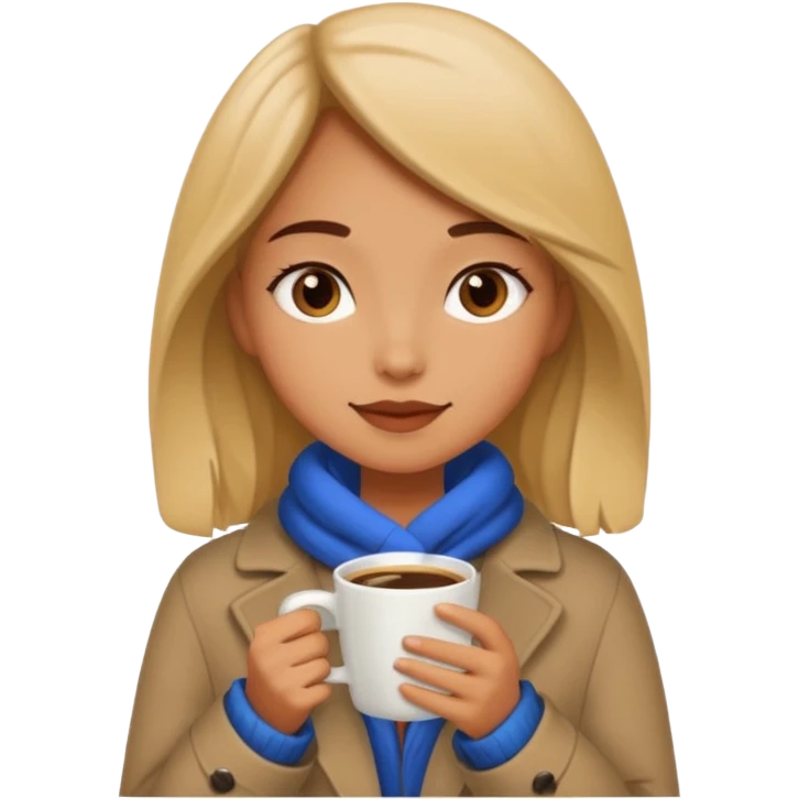 فتاة حنطية اللون ترتدي معطف وبيدها كوب قهوة ومسترخية emoji