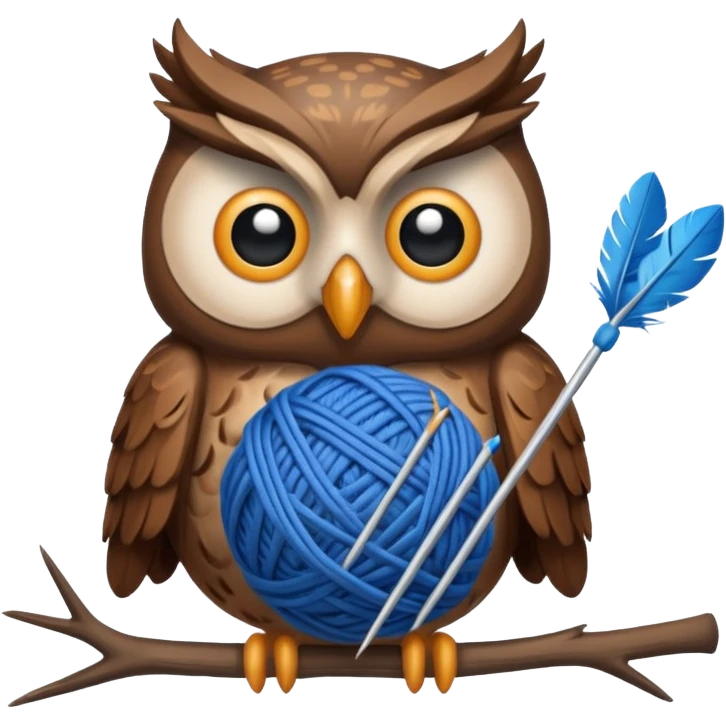 Owl holding blue yarn ball and knitting needles emoji