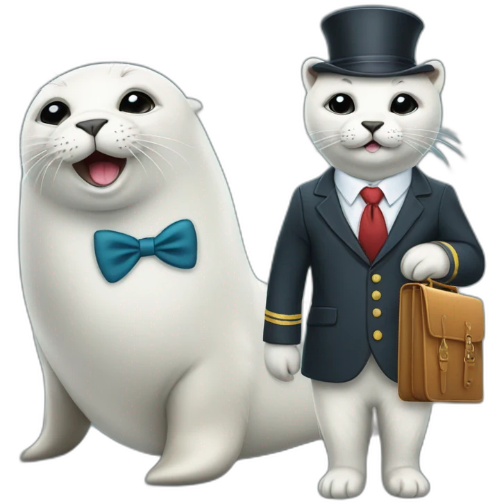 White young seal in tie and with briefcase and closed eyes and with cat in hat emoji