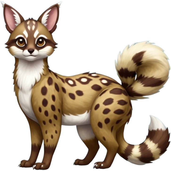 Colorful dark realistic chocolate-brown tropical beige fur glorious divine exotic cute cool beautiful shiny beautiful fantasy-Furret-Eevee-caracal-civet-genet-sergal-vernid-Cacomistle-oncilla-animal-Fakémon-hybrid-fursona with white deer-spots pattern markings (full body) emoji