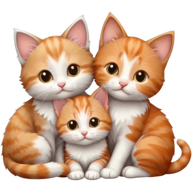 3 tiny kittens cuddling together all different colours, the first one is grey and white, the second is ginger and white and the third is brown tabby and white emoji