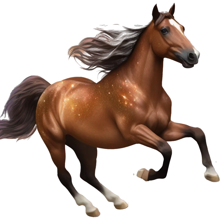 Ethereal glittering iridescent rich chestnut brown brindle horse galloping through constellations and nebulas emoji