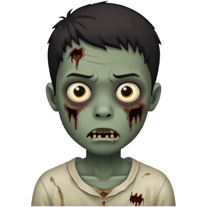 Make a boy zombie with a dark skin and short black hair 4c, spook and creepy expression emoji emoji