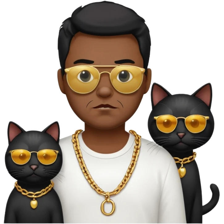 Freaky Larry is a cat with a gold chain and sunglasses standing behind a scared man with no facial hair. Make sure the cat is black emoji