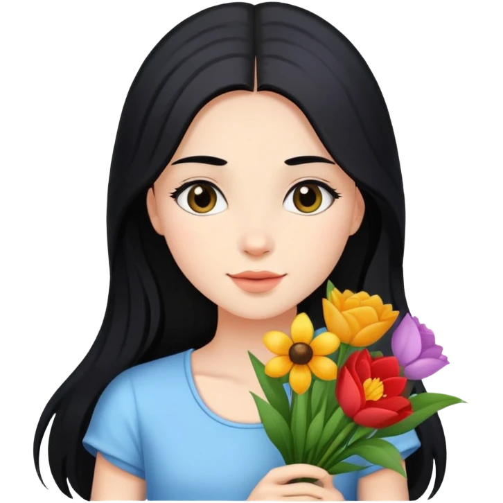 beautiful girl with long black hair holding a bouquet of flowers emoji